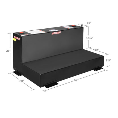 Weather Guard 90 gallon L-shape steel transfer tank in black dimensions: 52" L x 30" W x 26" H (SKU WG354-5-02)