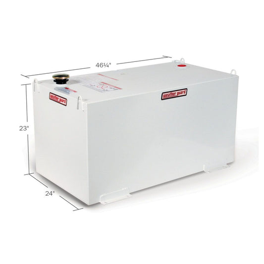 Weather Guard 100 gallon rectangular steel transfer tank dimensions: 46 1/4" L x 24" W x 23" H (SKU WG358-3-02)