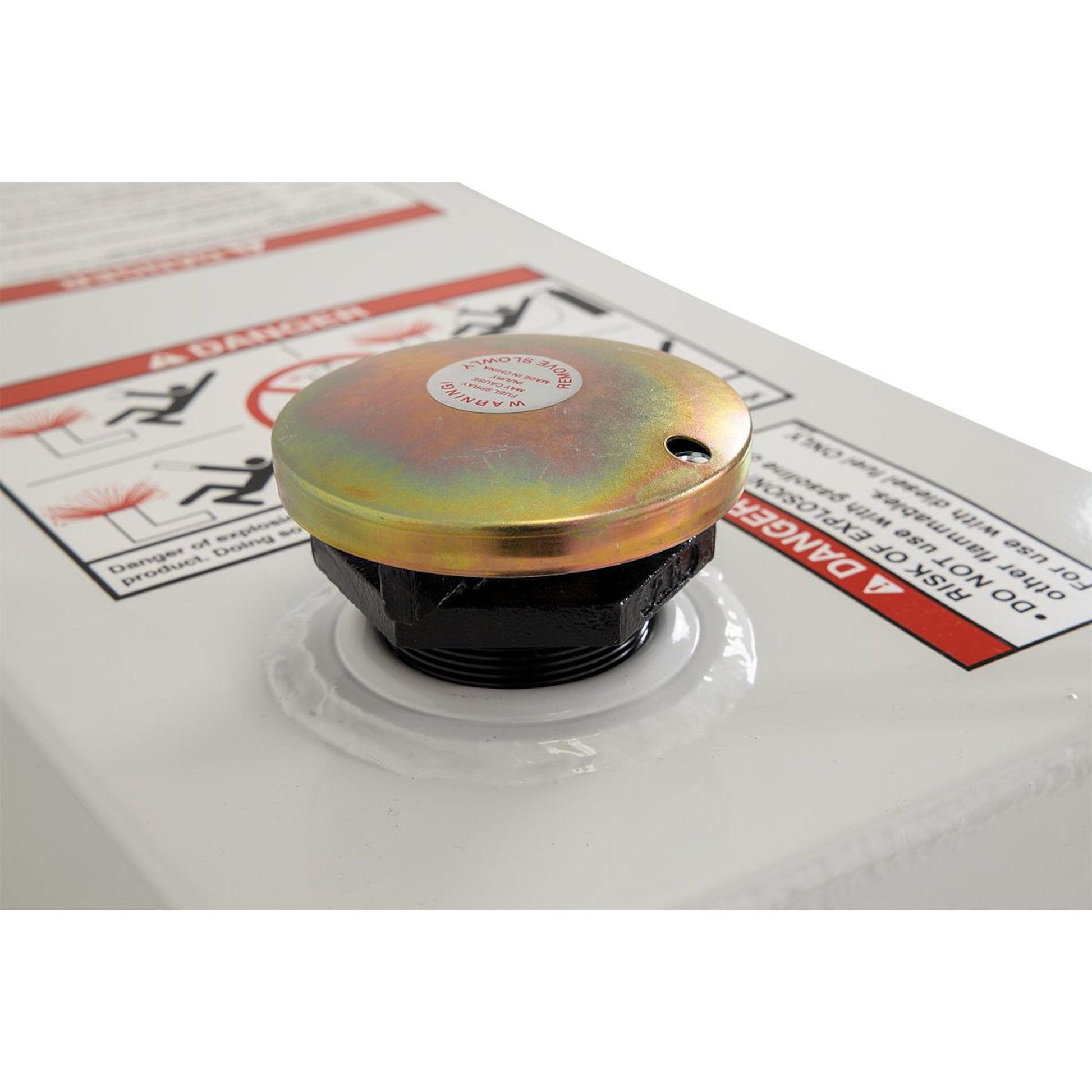 Vented brass filler cap on Weather Guard 100 gallon rectangular steel transfer tank (SKU WG358-3-02)