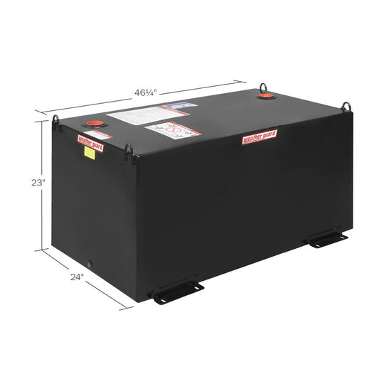 Weather Guard 100 gallon rectangular steel transfer tank in black dimensions: 46 1/4" L x 24" W x 23" H (SKU WG358-5-02)