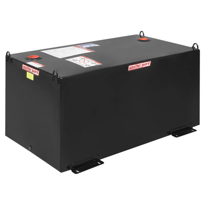 Weather Guard 100 gallon rectangular steel transfer fuel tank in black powder coat with vented filler caps and tie-down loops (SKU WG358-5-02)