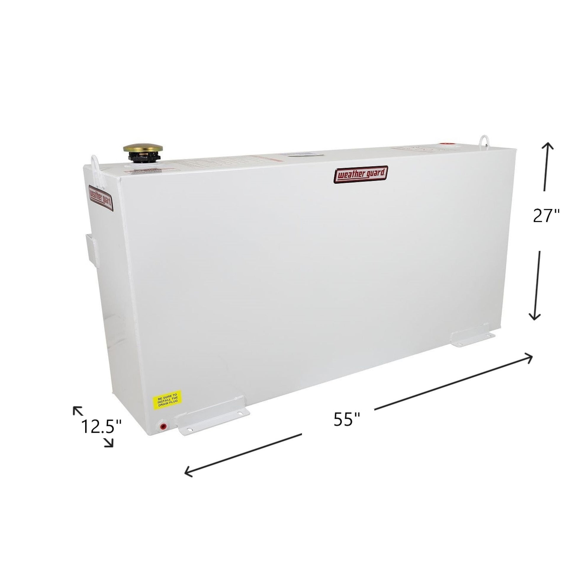 Weather Guard 75 gallon rectangular steel transfer tank dimensions: 55" L x 27" H x 12.5" W (SKU WG359-3-02)