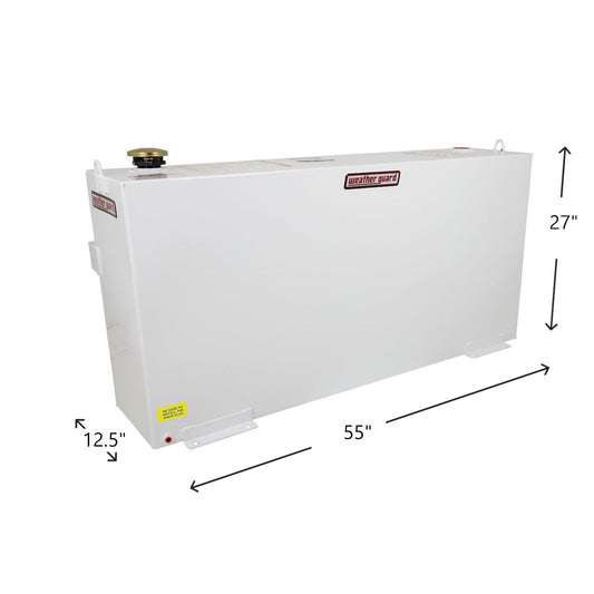 Weather Guard 75 gallon rectangular steel transfer tank dimensions: 55" L x 27" H x 12.5" W (SKU WG359-3-02)