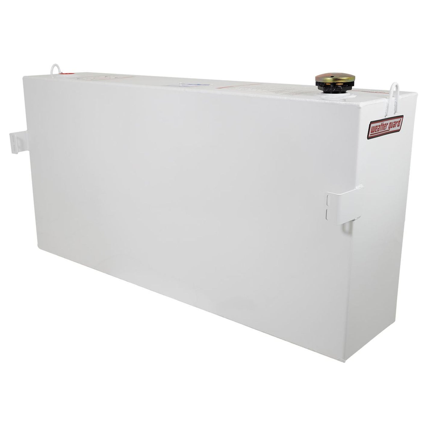 Side profile of Weather Guard 75 gallon rectangular steel transfer fuel tank in white with mounting brackets (SKU WG359-3-02)