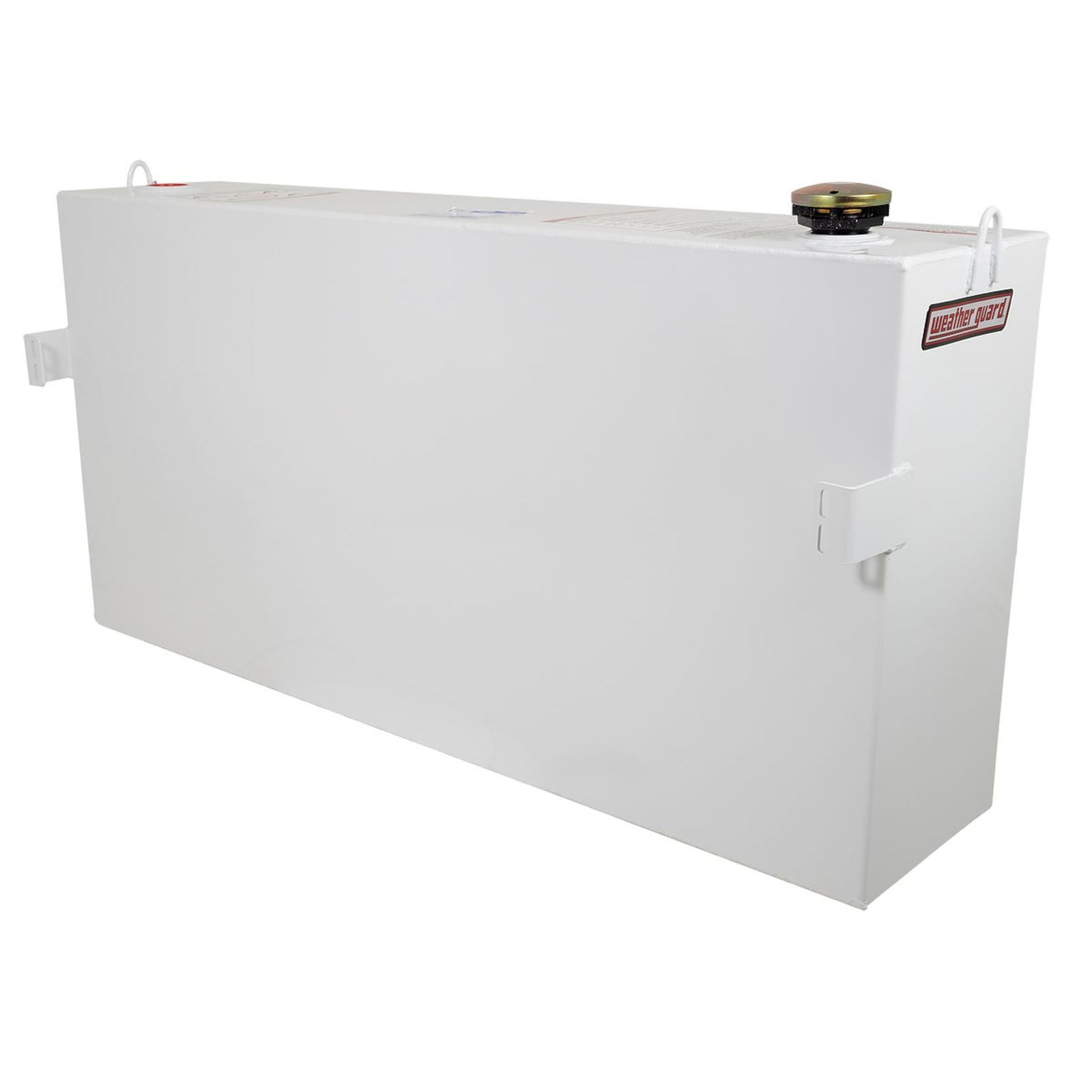 Side profile of Weather Guard 75 gallon rectangular steel transfer fuel tank in white with mounting brackets (SKU WG359-3-02)