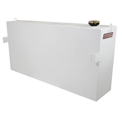 Side profile of Weather Guard 75 gallon rectangular steel transfer fuel tank in white with mounting brackets (SKU WG359-3-02)