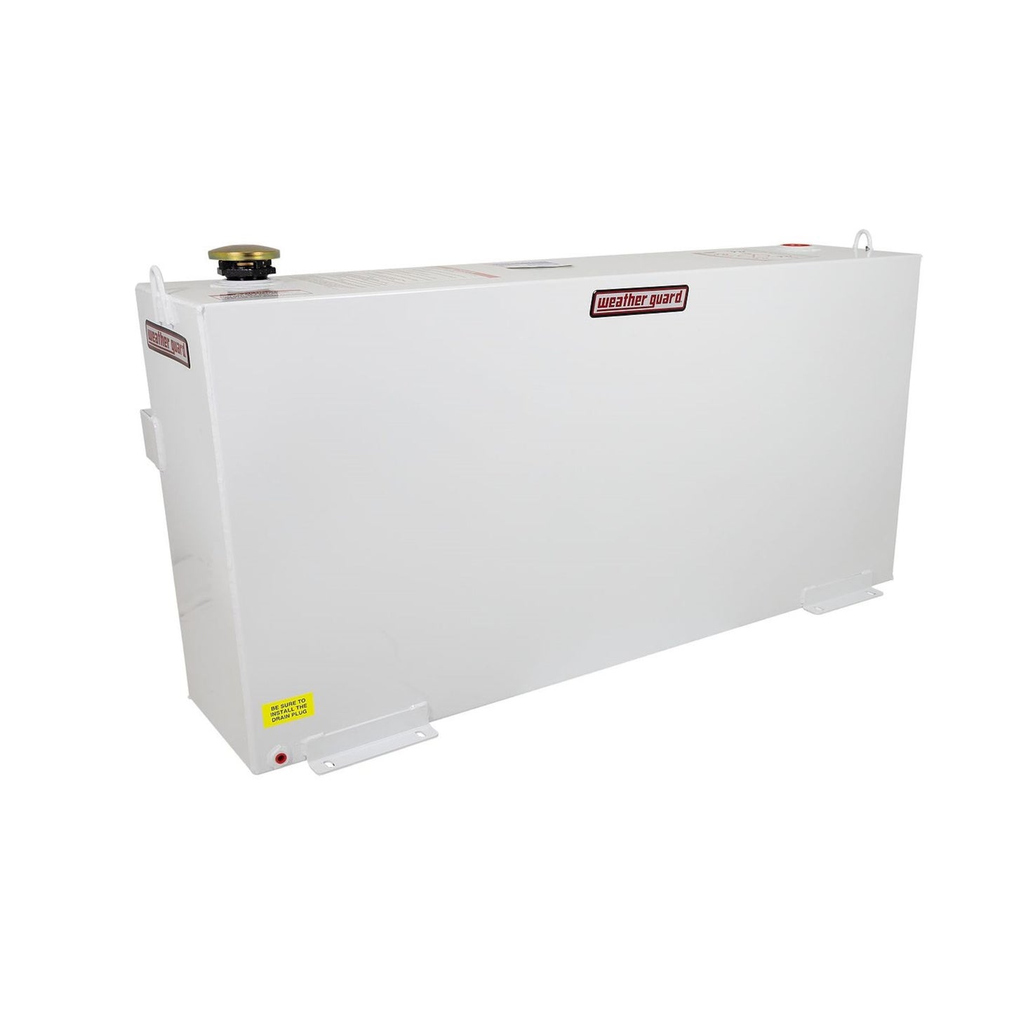 Weather Guard 75 gallon rectangular steel transfer fuel tank in white powder coat with vented filler cap and tie-down loops (SKU WG359-3-02)