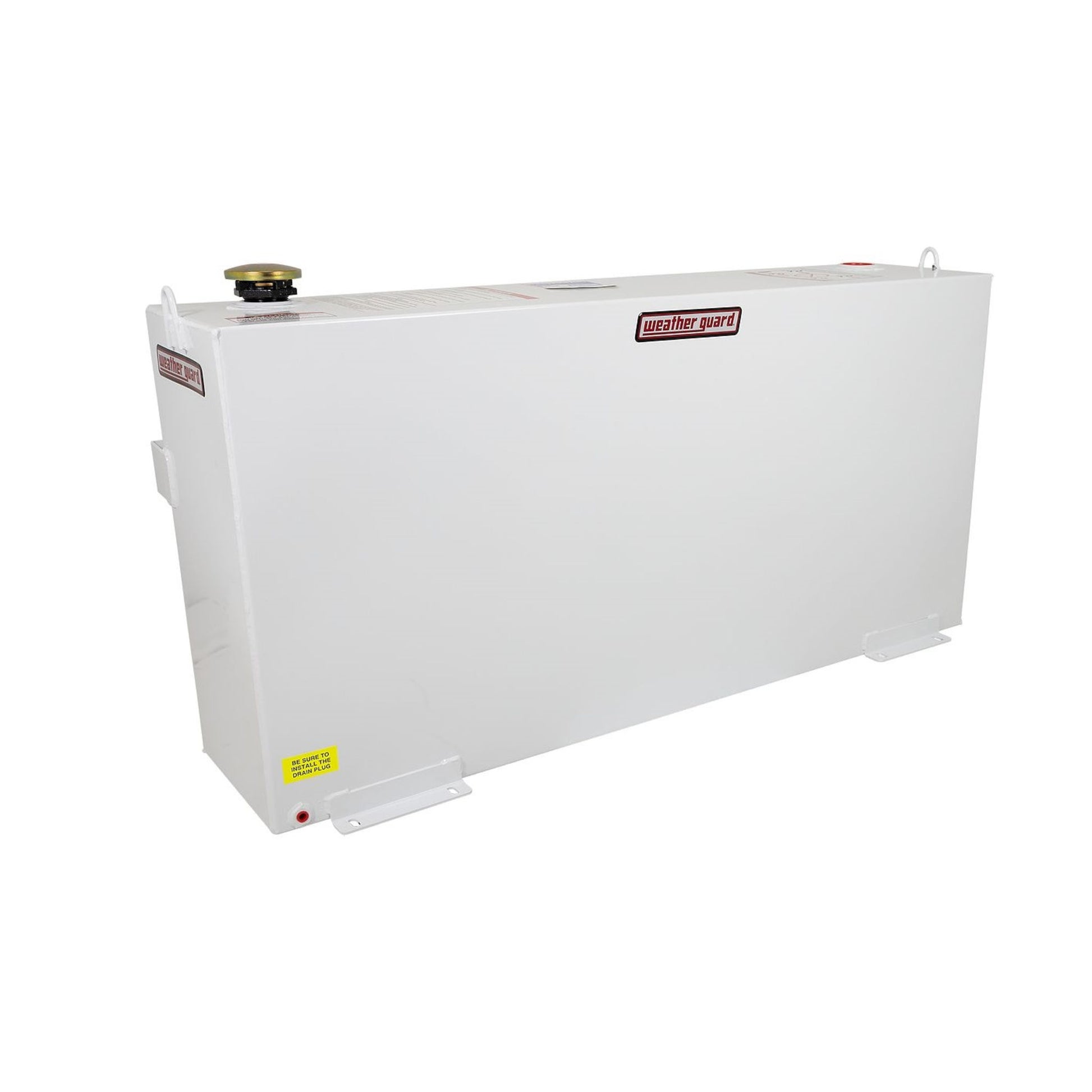 Weather Guard 75 gallon rectangular steel transfer fuel tank in white powder coat with vented filler cap and tie-down loops (SKU WG359-3-02)
