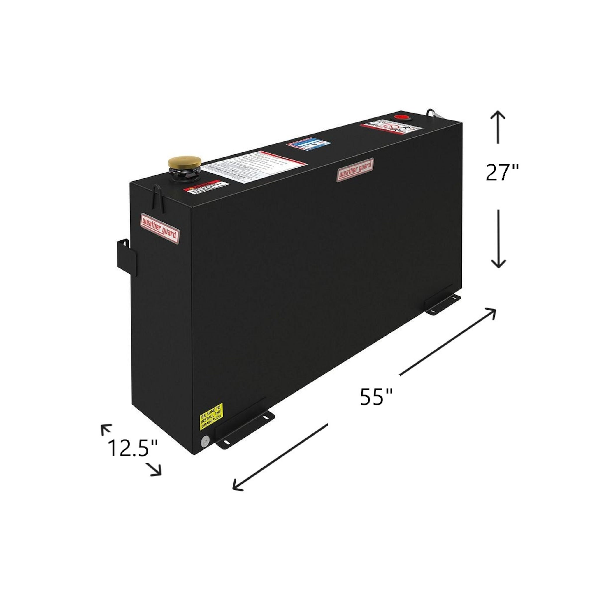 Weather Guard 75 gallon rectangular steel transfer tank in black dimensions: 55" L x 27" H x 12.5" W (SKU WG359-5-02)