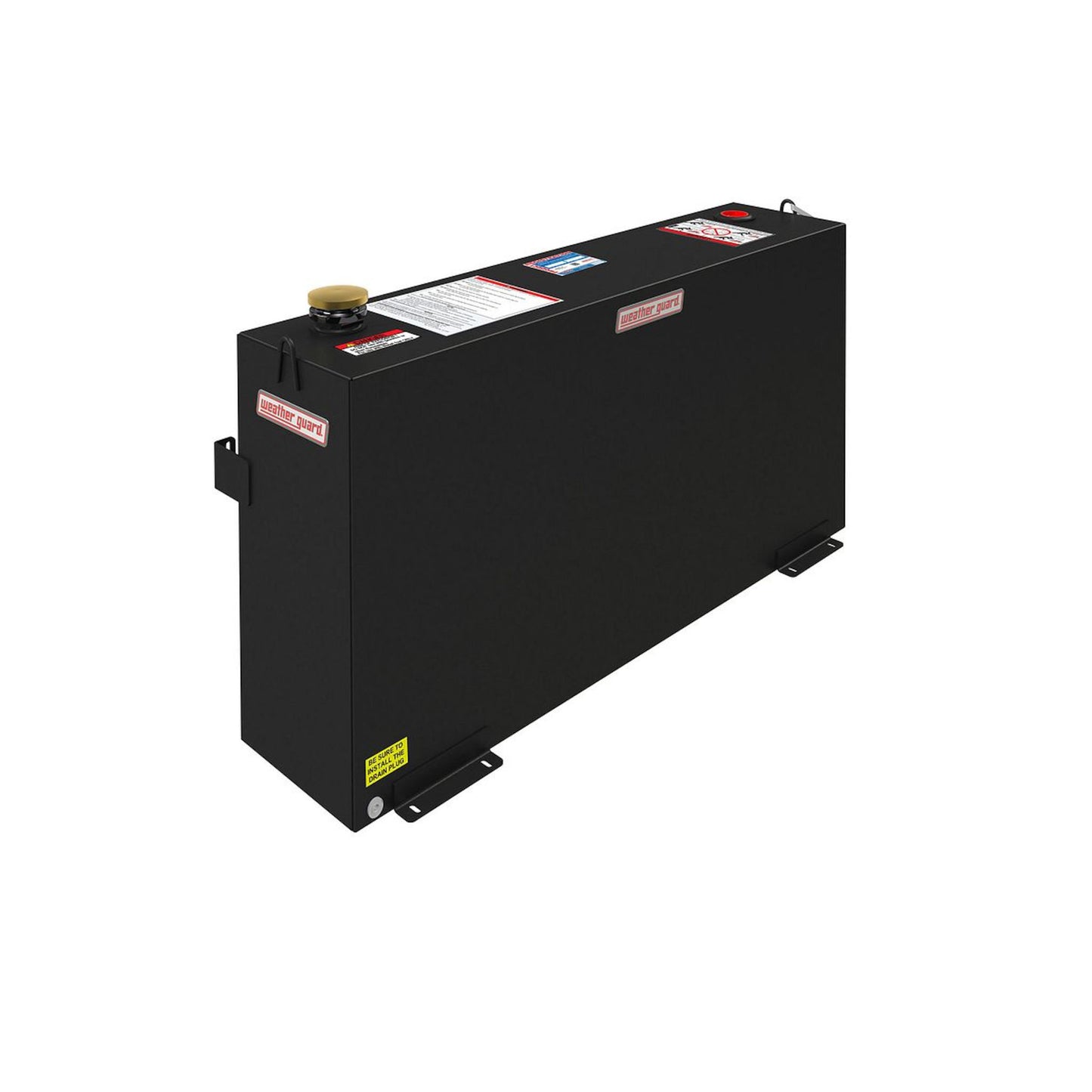 Weather Guard 75 gallon rectangular steel transfer fuel tank in black powder coat with vented filler cap and mounting brackets (SKU WG359-5-02)