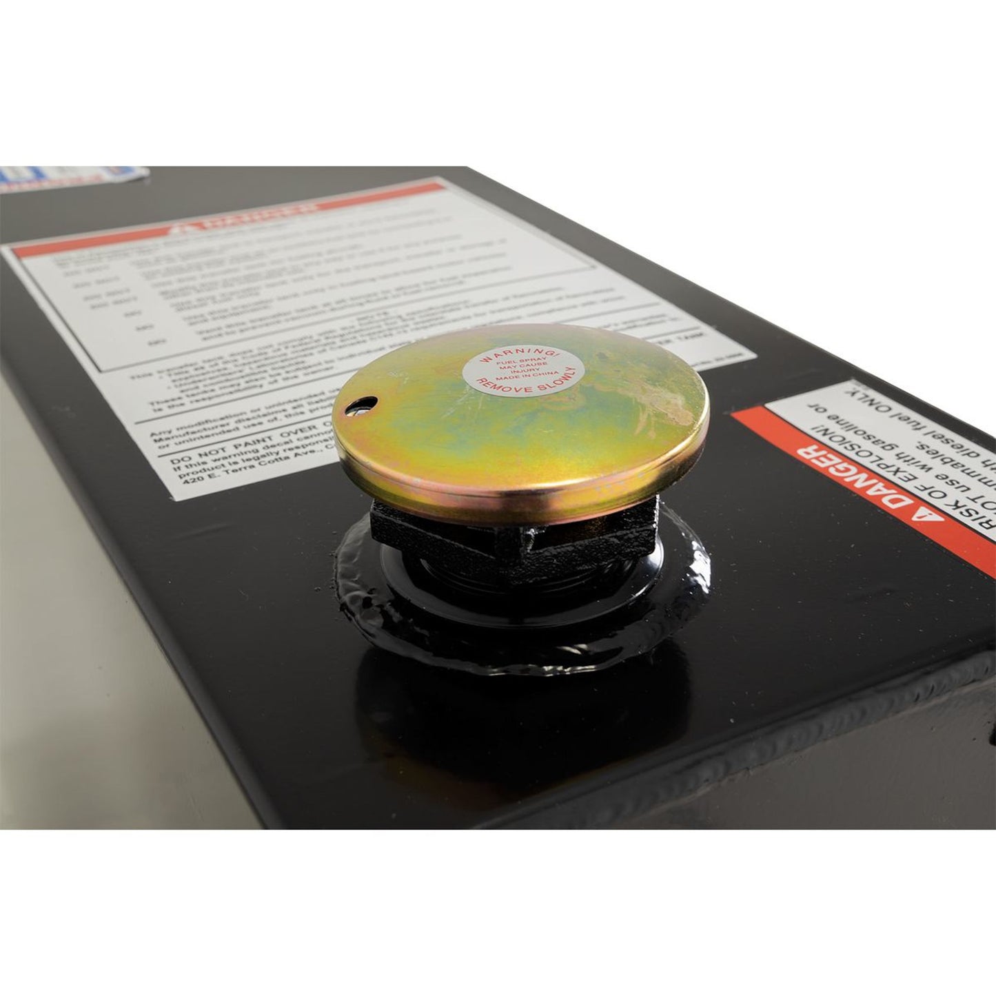 Vented brass filler cap on Weather Guard 75 gallon rectangular steel transfer tank in black (SKU WG359-5-02)