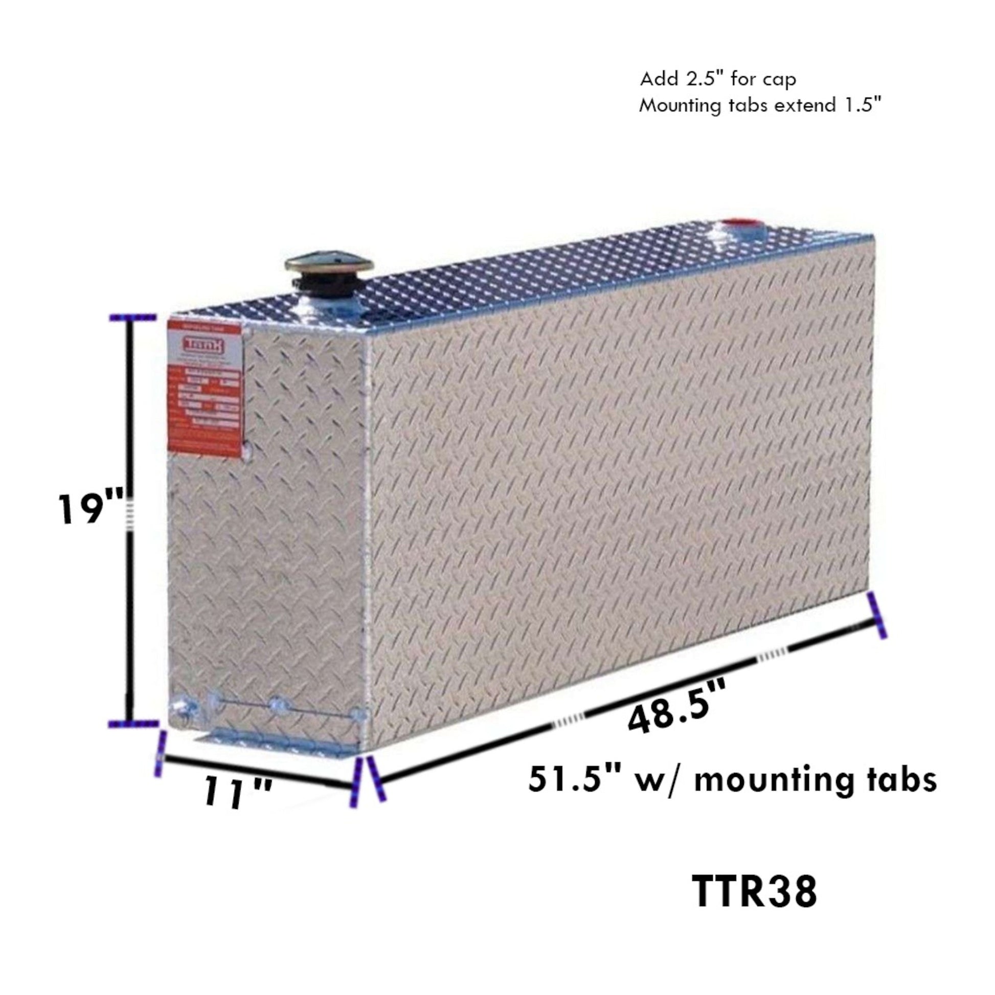 Dimensional diagram of the ATI 38 gallon aluminum rectangular transfer fuel tank showing length, width, height, and mounting tab measurements for proper truck bed installation. SKU: TTR38