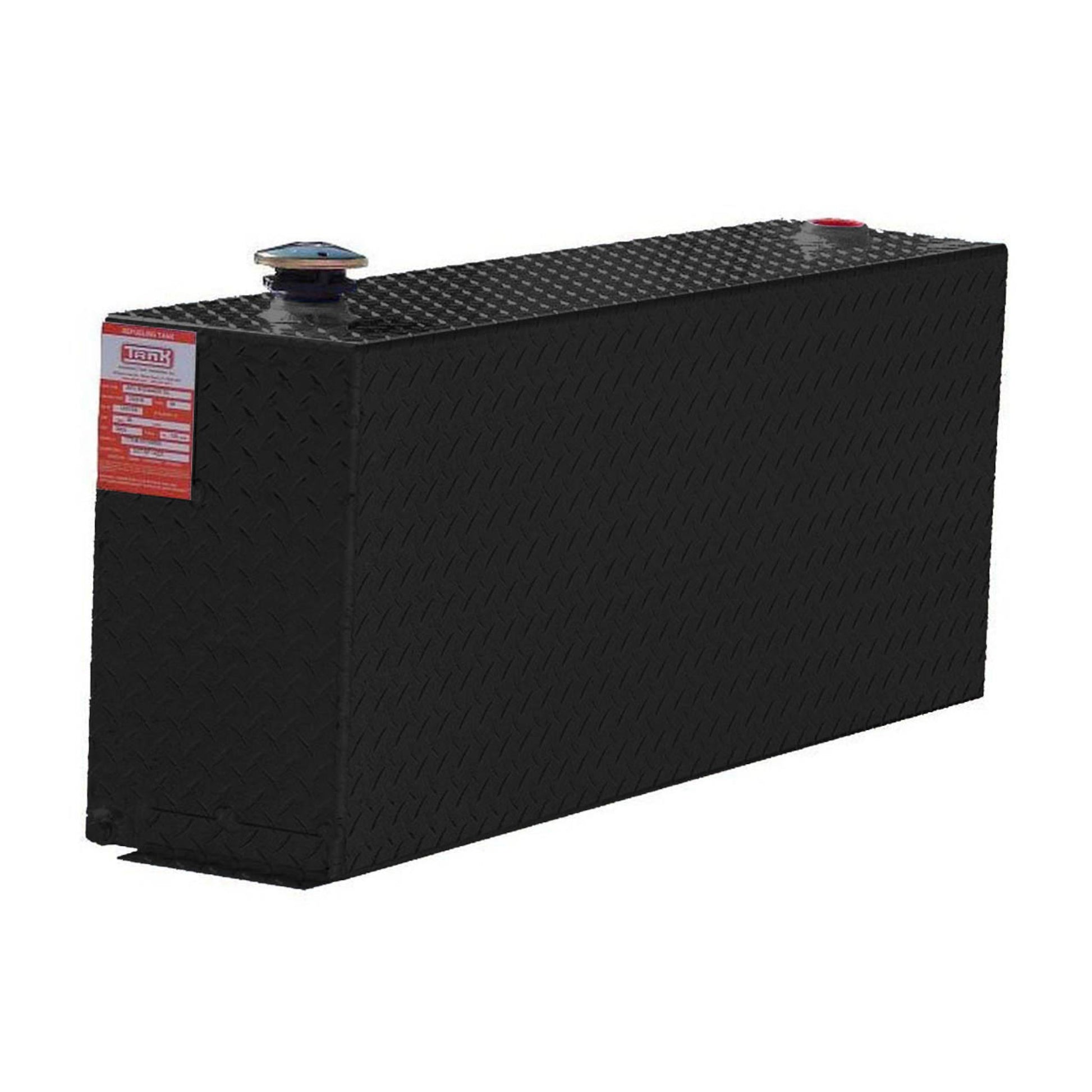 Black powder-coated ATI 38 gallon aluminum rectangular transfer fuel tank designed for secure, DOT-approved fuel transport in pickup trucks and work vehicles.