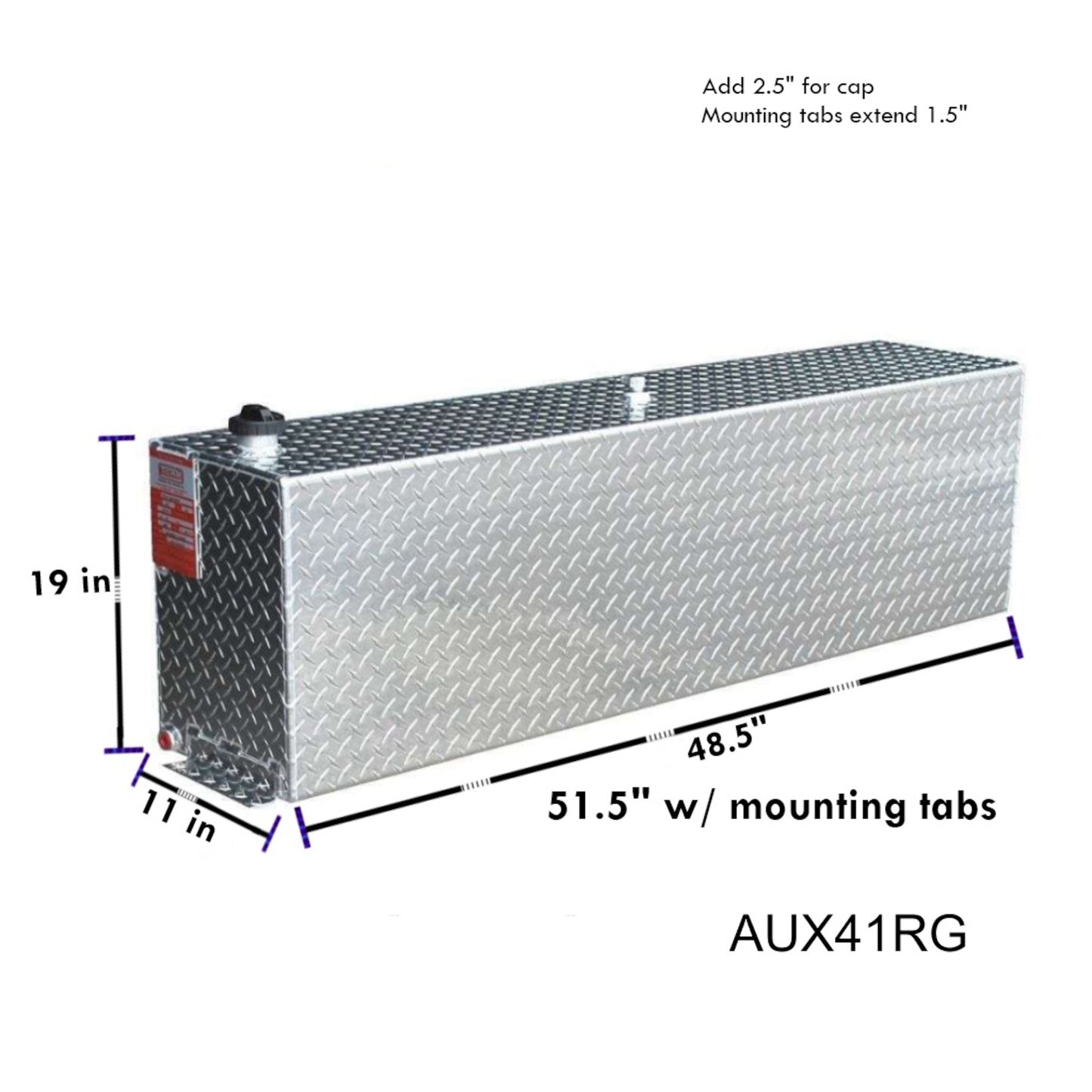 ATI AUX41RG 41-gallon auxiliary tank dimensions: 48.5" L x 11" W x 19" H (51.5" w/tabs), diamond-plate aluminum with 1.5" tab extension