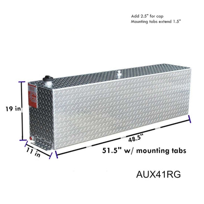 ATI AUX41RG 41-gallon auxiliary tank dimensions: 48.5" L x 11" W x 19" H (51.5" w/tabs), diamond-plate aluminum with 1.5" tab extension
