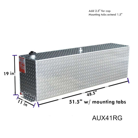 ATI AUX41RG 41-gallon auxiliary tank dimensions: 48.5" L x 11" W x 19" H (51.5" w/tabs), diamond-plate aluminum with 1.5" tab extension