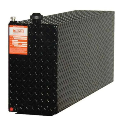 ATI 41-gallon black diamond-plate aluminum auxiliary gasoline tank with DOT label, lockable vent cap, brass fittings, and truck bed mounting bracket