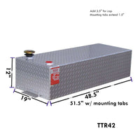 Dimensional diagram of the ATI 42 gallon aluminum rectangular transfer fuel tank showing length, width, height, and mounting tab measurements for accurate truck bed fitment.