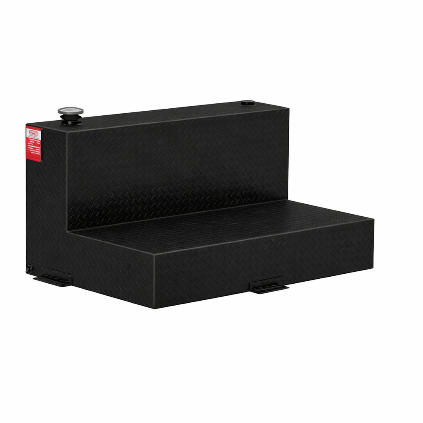 ATI 47 gallon L-shaped powder coated black aluminum transfer fuel tank designed for pickup trucks and service vehicles, featuring commercial-grade aluminum construction and under-toolbox fit. 