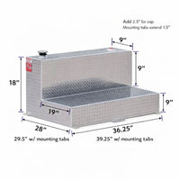 Dimensional diagram of the ATI 47 gallon L-shaped aluminum transfer fuel tank showing overall height, width, length, and mounting tab measurements for proper truck bed installation. SKU: TTL50