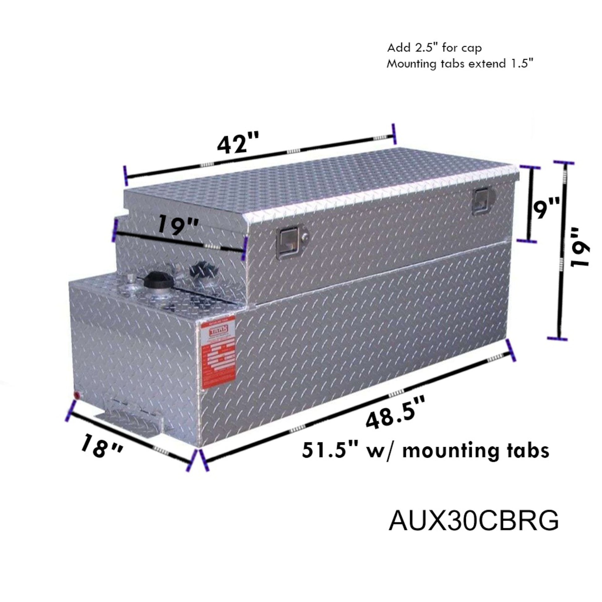 ATI AUX30CBRG 30 gallon combo gasoline fuel tank toolbox SKU AUX30CBRG with dimensions 19 in toolbox height, 18 in width, 51.5 in length including mounting tabs