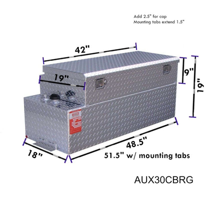 ATI AUX30CBRG 30 gallon combo gasoline fuel tank toolbox SKU AUX30CBRG with dimensions 19 in toolbox height, 18 in width, 51.5 in length including mounting tabs