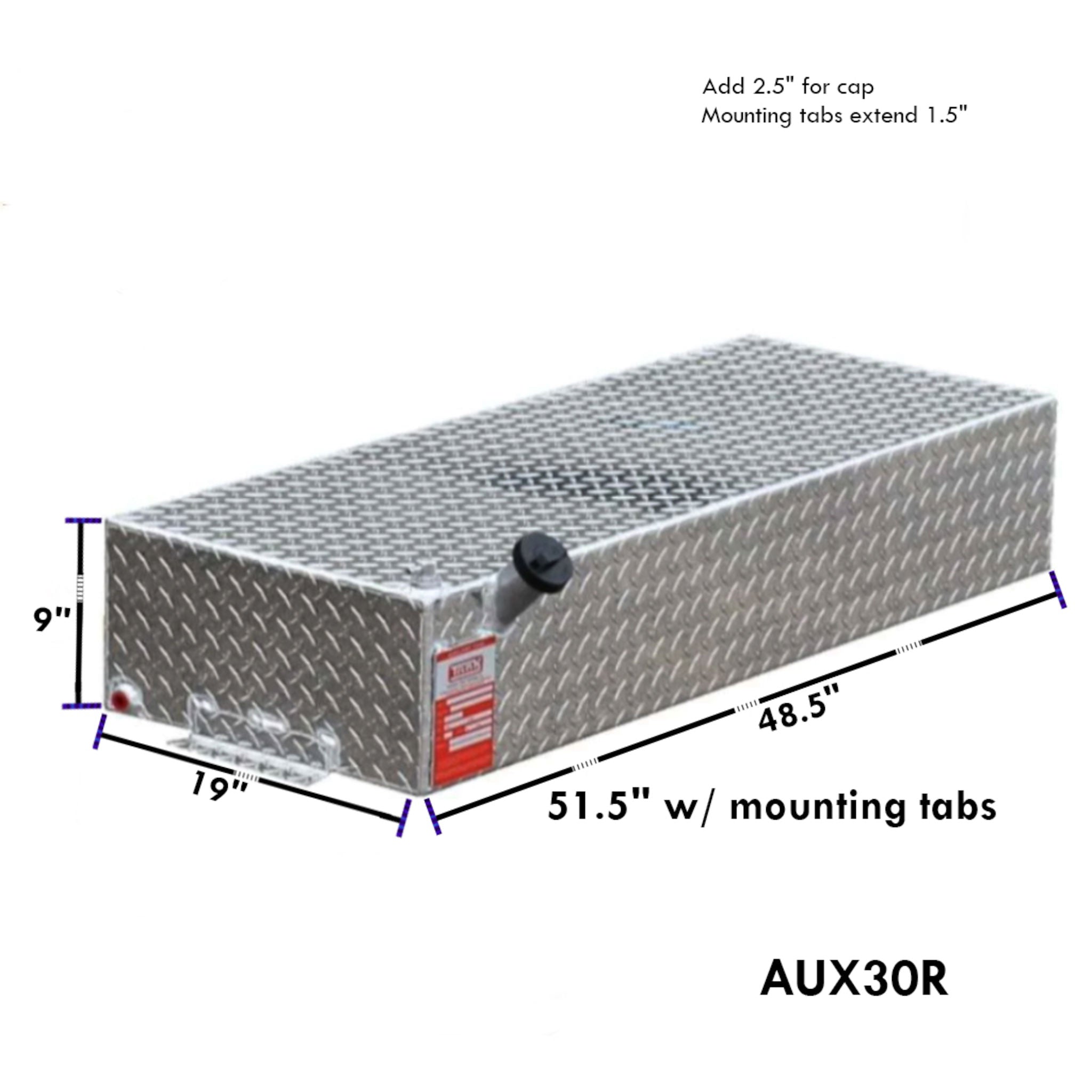 ATI AUX30R 30 gallon rectangular auxiliary diesel fuel tank SKU AUX30R with dimensions 9 in height, 19 in width, 51.5 in length including mounting tabs