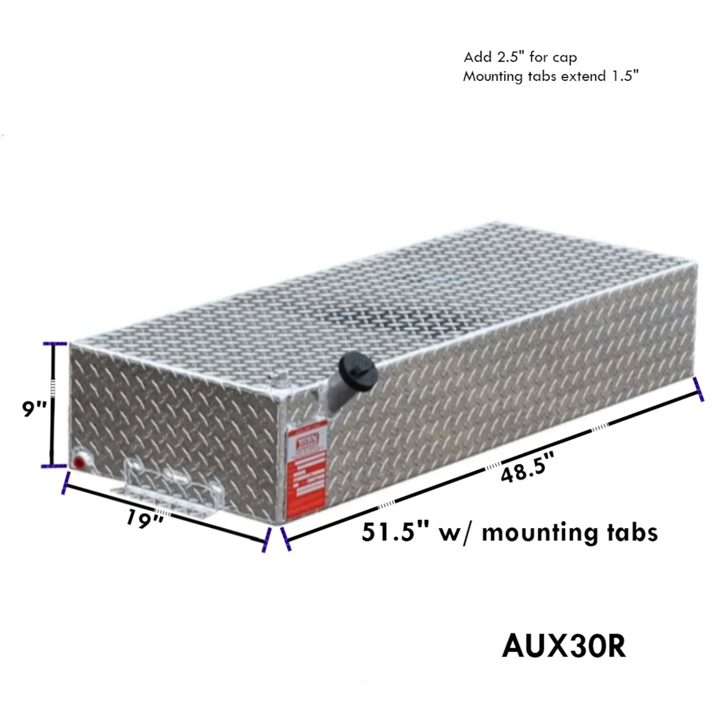 ATI AUX30R 30 gallon rectangular auxiliary diesel fuel tank SKU AUX30R with dimensions 9 in height, 19 in width, 51.5 in length including mounting tabs