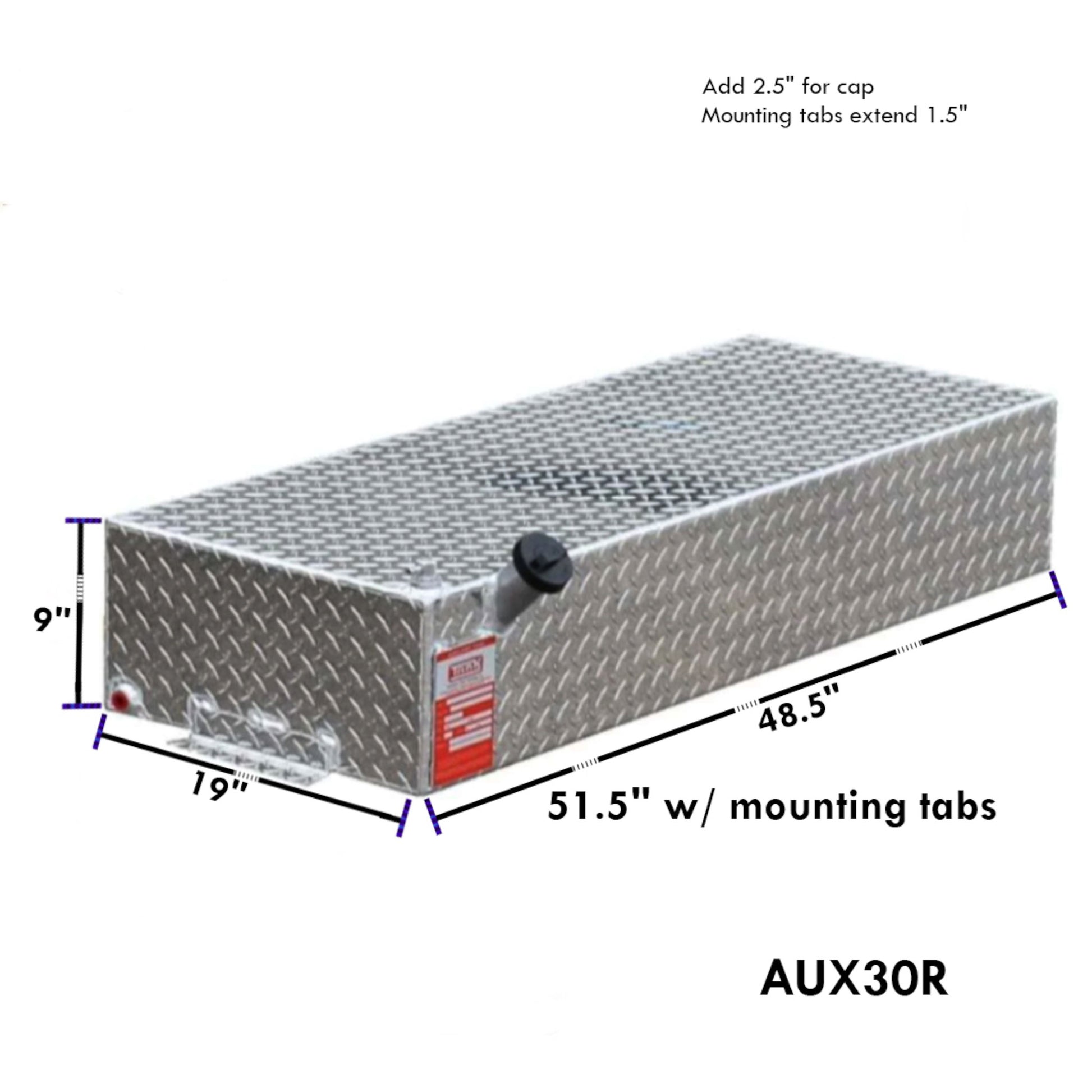 ATI AUX30R 30 gallon rectangular auxiliary diesel fuel tank SKU AUX30R with dimensions 9 in height, 19 in width, 51.5 in length including mounting tabs