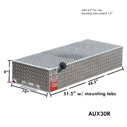 ATI AUX30R 30 gallon rectangular auxiliary diesel fuel tank SKU AUX30R with dimensions 9 in height, 19 in width, 51.5 in length including mounting tabs