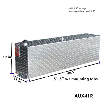 ATI AUX41R 41 gallon rectangular auxiliary diesel fuel tank SKU AUX41R with dimensions 19 in height, 11 in width, 51.5 in length including mounting tabs