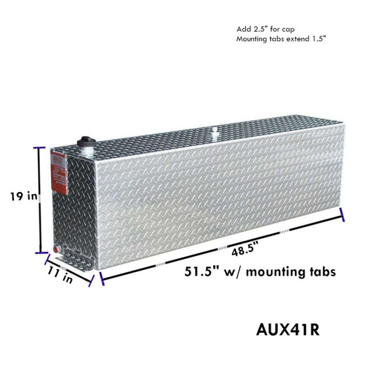 ATI AUX41R 41 gallon rectangular auxiliary diesel fuel tank SKU AUX41R with dimensions 19 in height, 11 in width, 51.5 in length including mounting tabs