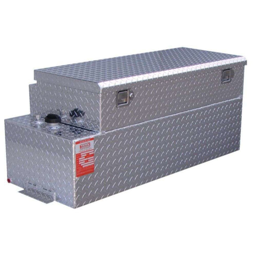 ATI AUX42CBR9 42 gallon combo auxiliary diesel fuel tank with toolbox SKU AUX42CBR9 bright diamond plate aluminum full view