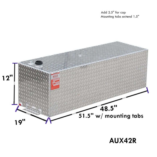 ATI AUX42R 42 gallon rectangular auxiliary diesel fuel tank SKU AUX42R with dimensions 12 in height, 19 in width, 51.5 in length including mounting tabs