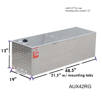 ATI AUX42RG 42 gallon auxiliary gasoline fuel tank SKU AUX42RG with dimensions 12 in height, 19 in width, 51.5 in length including mounting tabs
