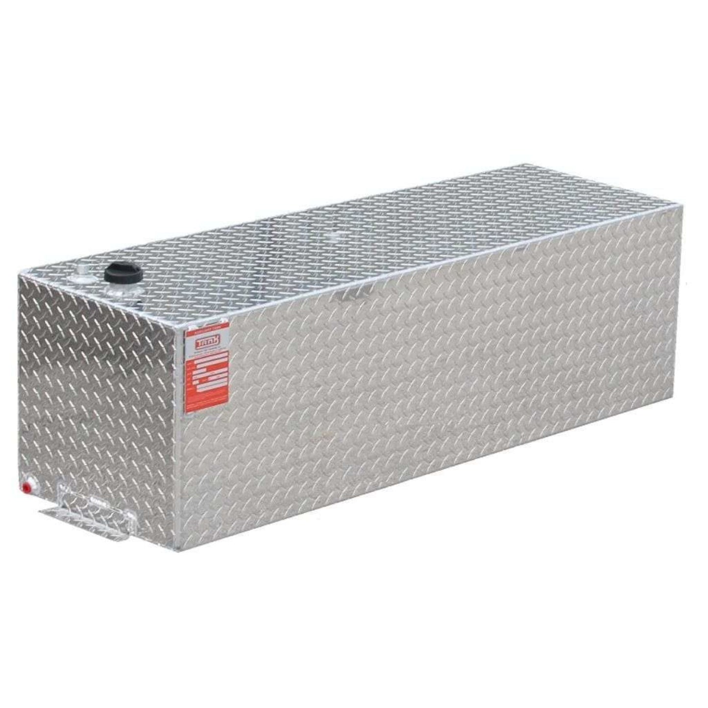 ATI AUX42RG 42 gallon rectangular auxiliary gasoline fuel tank SKU AUX42RG polished diamond plate aluminum side view with filler cap