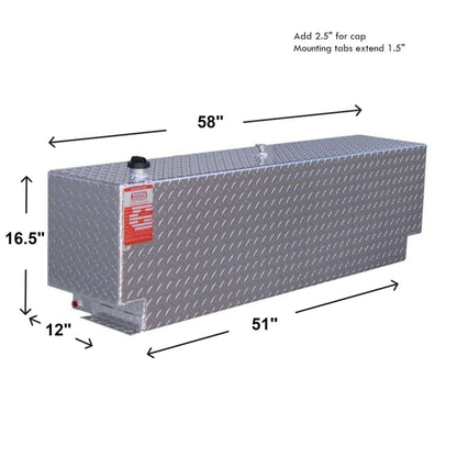 ATI AUX43R 43 gallon rectangular auxiliary diesel fuel tank SKU AUX43R with dimensions 16.5 in height, 12 in width, 58 in length including mounting tabs