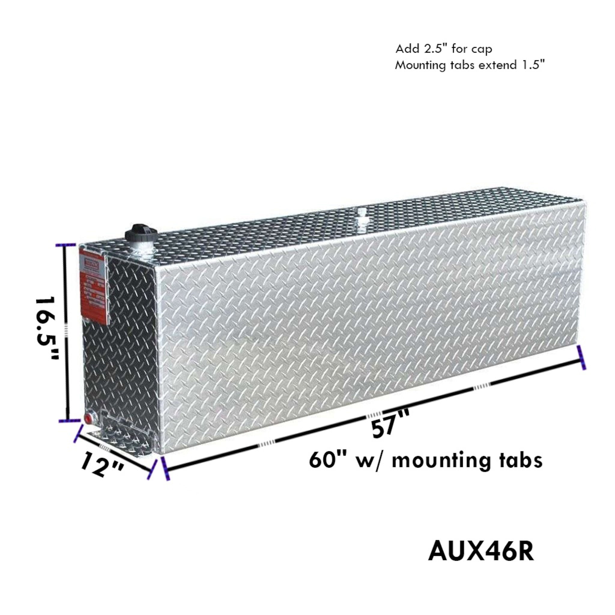 ATI AUX46R 46 gallon rectangular auxiliary diesel fuel tank SKU AUX46R with dimensions 9.5 in height, 12 in width, 60 in length including mounting tabs
