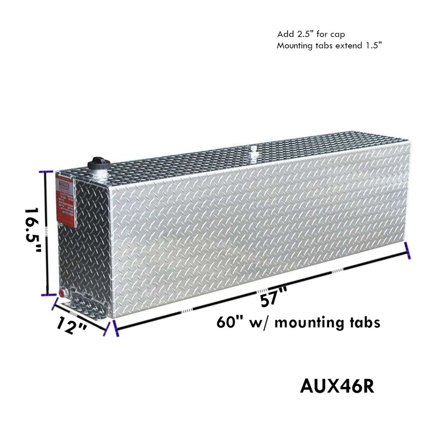 ATI AUX46R 46 gallon rectangular auxiliary diesel fuel tank SKU AUX46R with dimensions 9.5 in height, 12 in width, 60 in length including mounting tabs