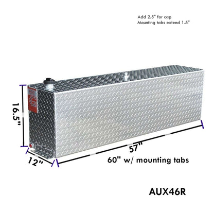 ATI AUX46R 46 gallon rectangular auxiliary diesel fuel tank SKU AUX46R with dimensions 9.5 in height, 12 in width, 60 in length including mounting tabs