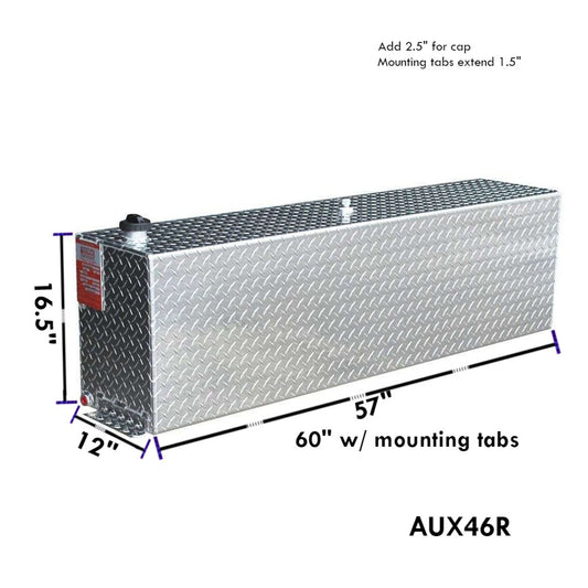 ATI AUX46R 46 gallon rectangular auxiliary diesel fuel tank SKU AUX46R with dimensions 9.5 in height, 12 in width, 60 in length including mounting tabs