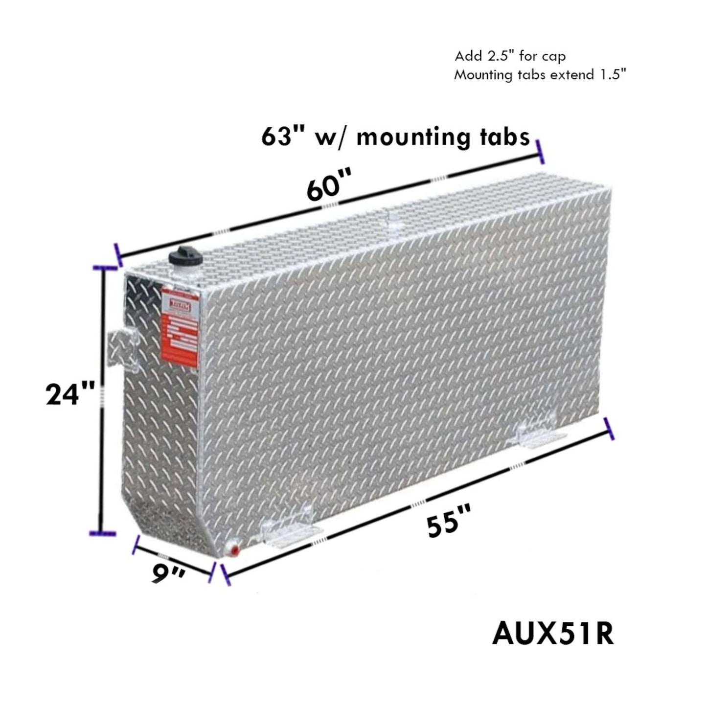 ATI AUX51R 51 gallon rectangular auxiliary diesel fuel tank SKU AUX51R with dimensions 24 in height, 9 in width, 63 in length including mounting tabs