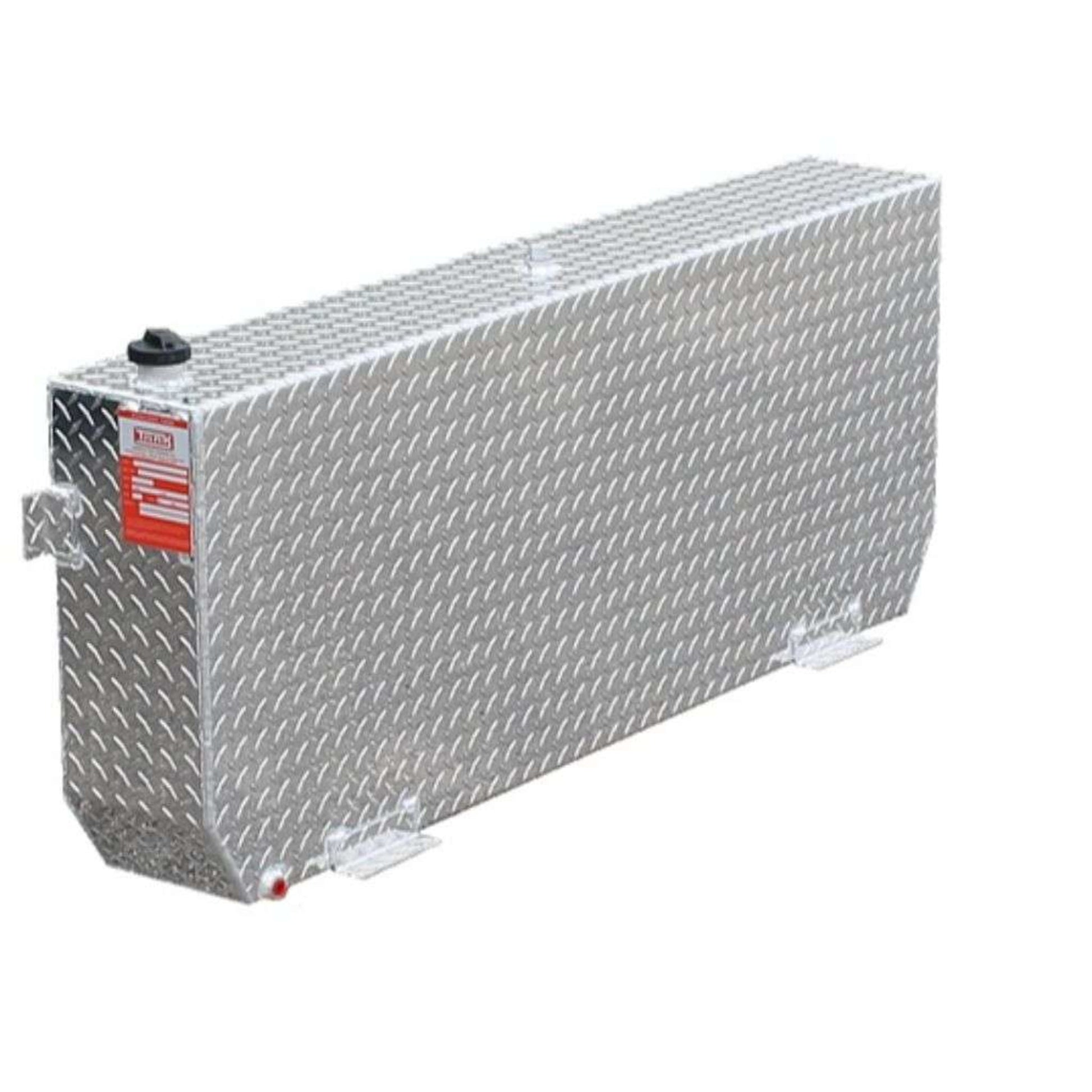 ATI AUX51R 51 gallon rectangular auxiliary diesel fuel tank SKU AUX51R bright diamond plate aluminum side view with filler cap