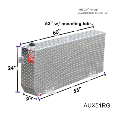 ATI AUX51RG 51 gallon rectangular auxiliary gasoline fuel tank SKU AUX51RG with dimensions 24 in height, 9 in width, 63 in length including mounting tabs