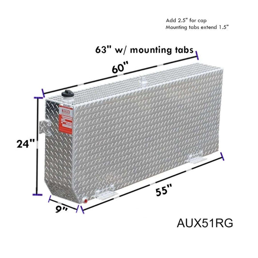 ATI AUX51RG 51 gallon rectangular auxiliary gasoline fuel tank SKU AUX51RG with dimensions 24 in height, 9 in width, 63 in length including mounting tabs