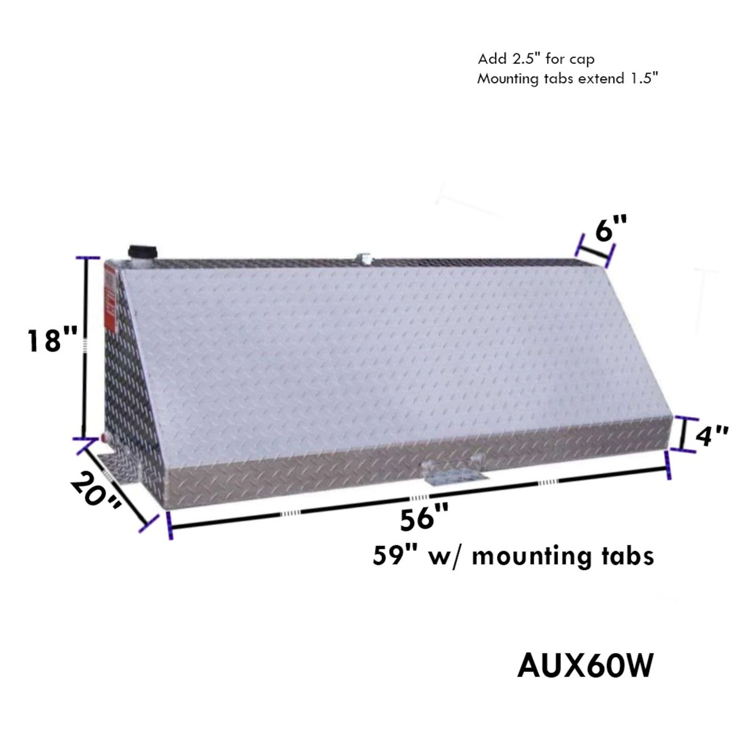 ATI AUX60W 60 gallon wedge auxiliary diesel fuel tank SKU AUX60W with dimensions 18 in height, 56 in length, sloping design