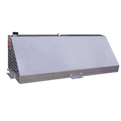 ATI AUX60W 60 gallon wedge auxiliary diesel fuel tank SKU AUX60W bright diamond plate aluminum side view with filler cap