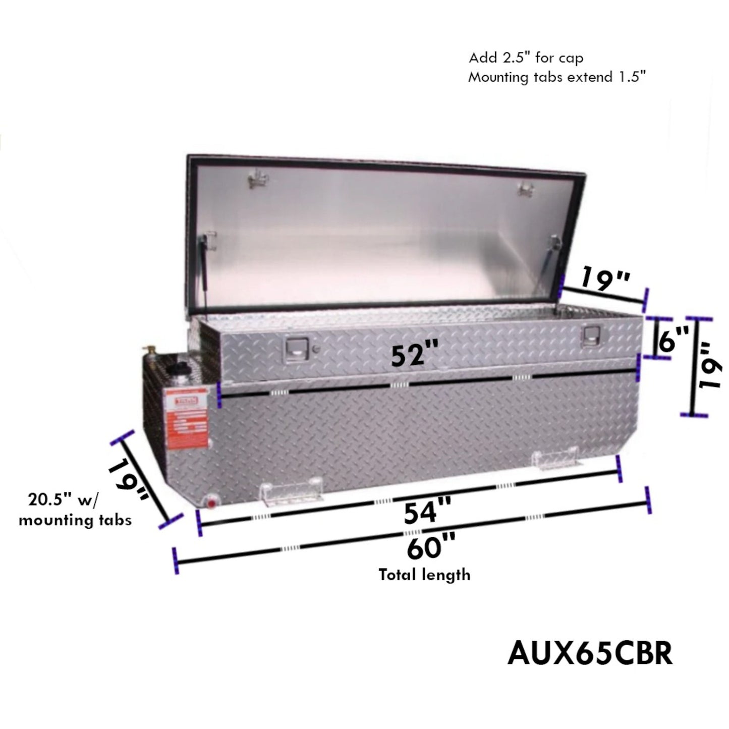 ATI AUX65CBR 62 gallon combo auxiliary diesel fuel tank toolbox SKU AUX65CBR with dimensions 60 in total length, 19 in toolbox height, 16 in tank height, and 20.5 in width including mounting tabs