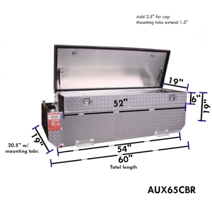 ATI AUX65CBR 62 gallon combo auxiliary diesel fuel tank toolbox SKU AUX65CBR with dimensions 60 in total length, 19 in toolbox height, 16 in tank height, and 20.5 in width including mounting tabs