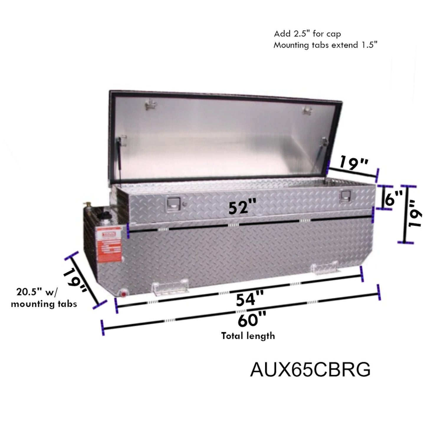 ATI AUX65CBRG 62 gallon combo gasoline fuel tank toolbox SKU AUX65CBRG with dimensions 19 in toolbox height, 16.5 in tank height, 60 in total length including mounting tabs